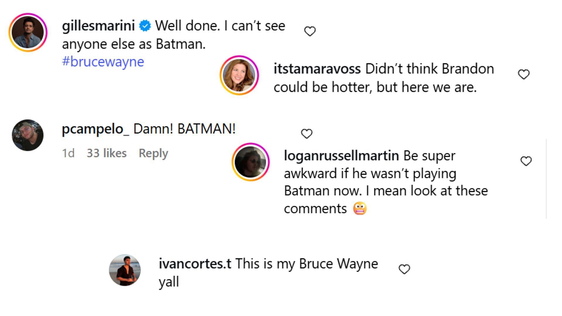 Some comments from Instagram as fans guessing if Brandon Sklenar would be the next Batman (Image via Instagram/@brandonsklenar)
